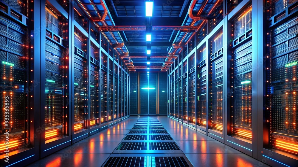 Poster digital brain of the future: a sprawling server room hums with activity, illuminated by an ethereal 