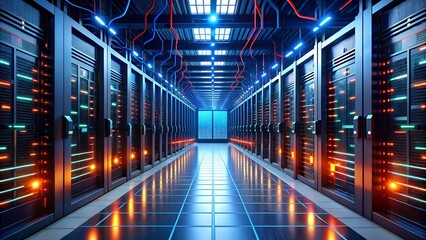 Digital Nerve Center: A futuristic server room hums with activity, bathed in the glow of countless servers and vibrant blue and orange lights, showcasing the power of modern technology. 