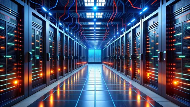 Digital Nerve Center: A futuristic server room hums with activity, bathed in the glow of countless servers and vibrant blue and orange lights, showcasing the power of modern technology. 