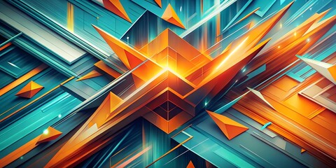 Geometric Fusion: A vibrant explosion of teal and orange shards collide, their sharp edges catching the light in a dazzling display of abstract energy. 