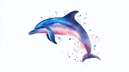 Fototapeta premium A vibrant watercolor illustration of a dolphin leaping gracefully against a white background, showcasing its playful nature.