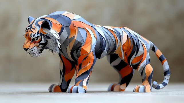 3D paper model of a tiger with pastel orange white 0027 tiger, animal, zebra, mammal, wildlife, zoo, cat, wild, nature, feline, safari, bengal, stripes, white, striped, black, isolated, fur, predat