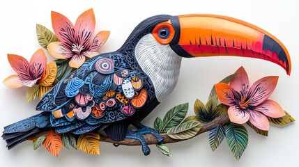 3D paper model of a toucan with pastel black white 0023 bird, animal, illustration, nature, vector,...