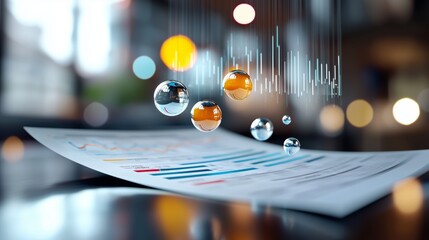 Abstract Financial Data Concept with Reflective Spheres and Charts