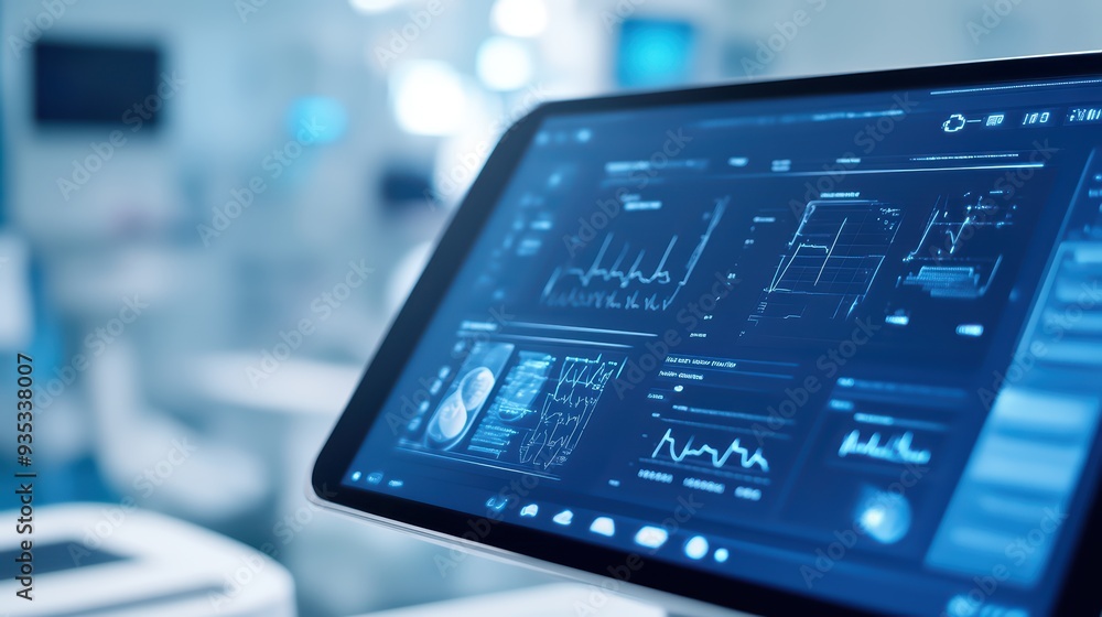 Poster close-up of a digital monitor displaying health data and graphs in a modern hospital environment.