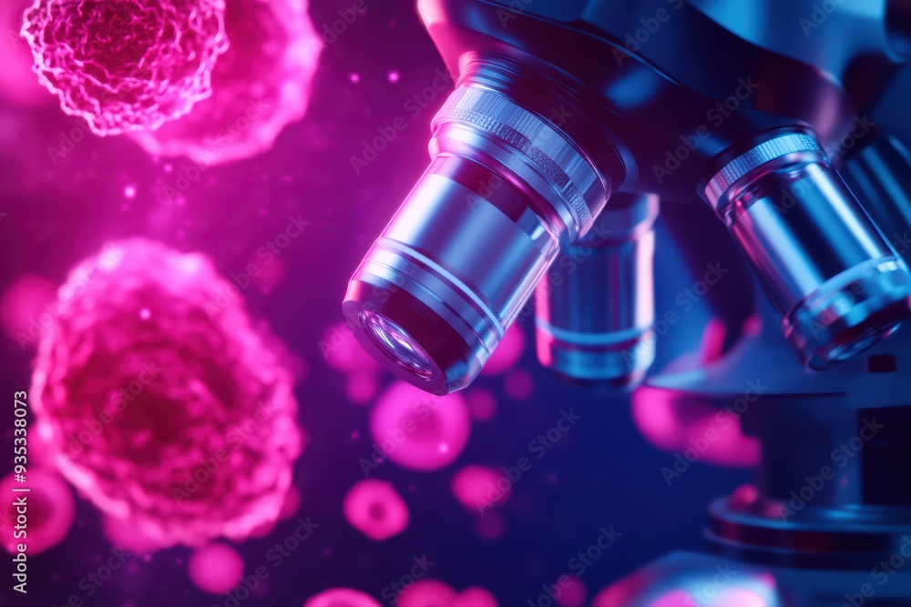 Aufkleber close-up of a modern microscope exploring vibrant microscopic cells in a lab environment, highlighti