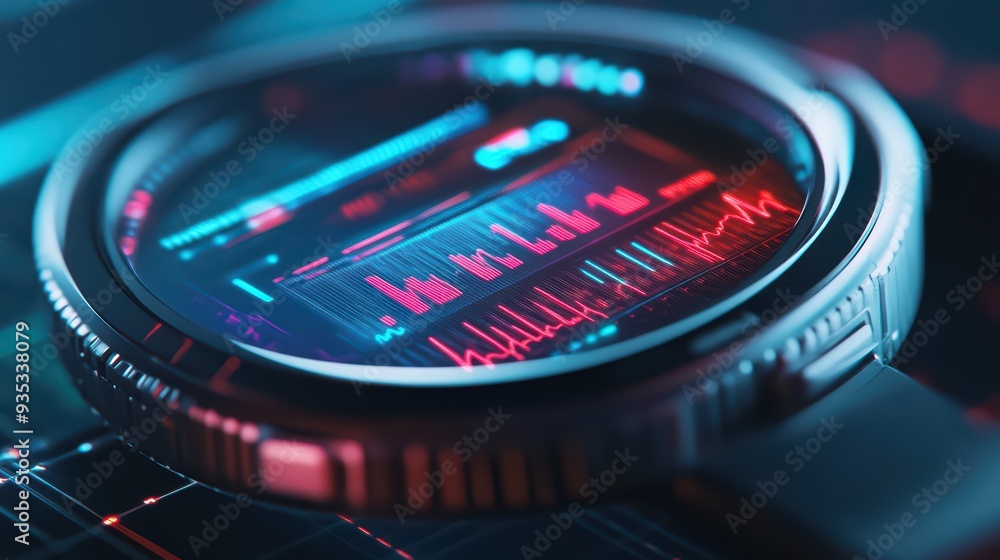 Poster close-up of a smart watch displaying vibrant data analytics on its screen, showcasing modern technol