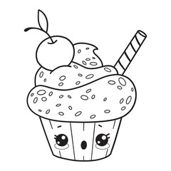 Cute cream cupcake with cherry. Outline sweet kawaii cartoon character cake. Line drawing, coloring book. Vector illustration. Kids collection
