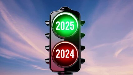 Traffic Light Showing 2025 Green and 2024 Red with Cloudy Sky Background
- Powered by Adobe