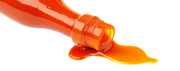 A close-up of a bottle spilling hot sauce, with a vibrant red liquid spreading on a white background.