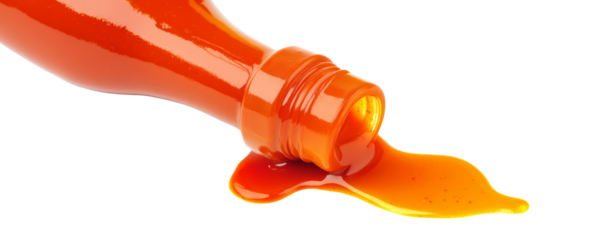 A close-up of a bottle spilling hot sauce, with a vibrant red liquid spreading on a white background.