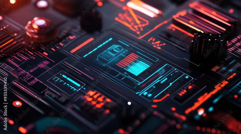 Poster futuristic close-up of a circuit board with vibrant colors and intricate patterns, showcasing advanc