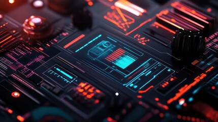 Fototapeta premium Futuristic close-up of a circuit board with vibrant colors and intricate patterns, showcasing advanced technology and design.