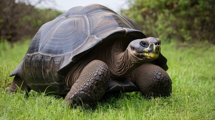 Fototapeta premium A majestic tortoise walking gracefully on lush green grass in a natural habitat, showcasing its unique shell and features.
