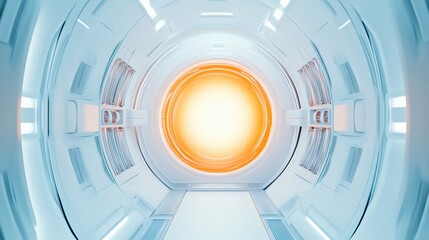 Obraz premium Futuristic corridor with bright glowing orb, creating a vibrant atmosphere and showcasing advanced technology and design.