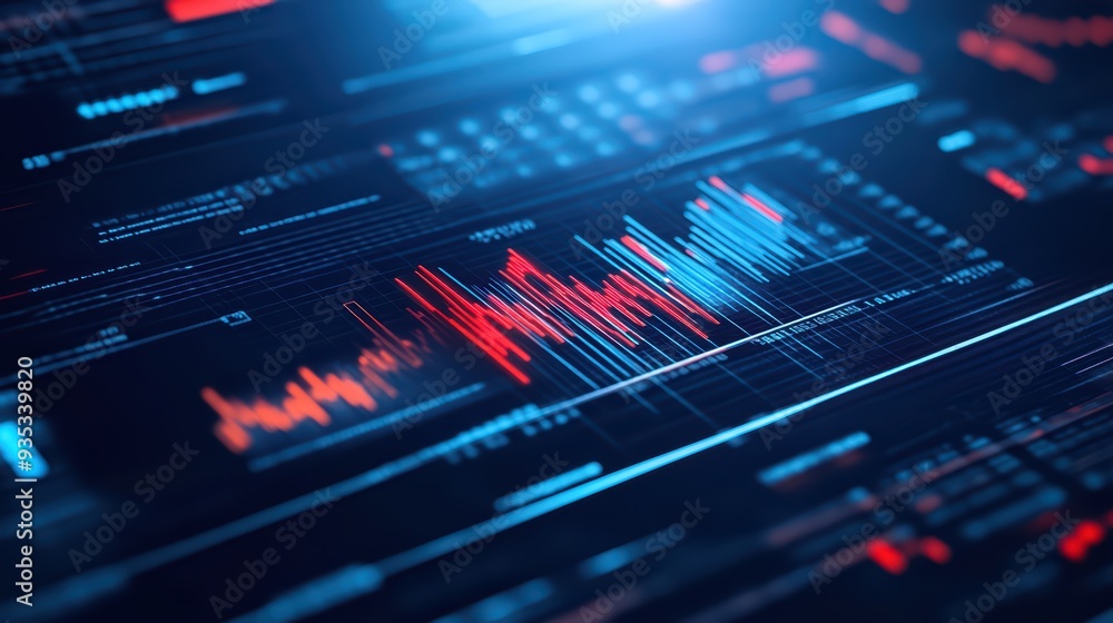 Poster futuristic data visualization with dynamic graphs in red and blue tones, showcasing modern analytics