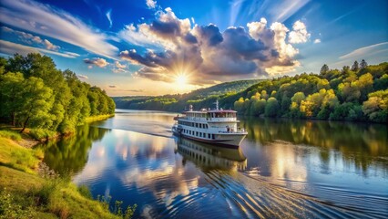 Fototapeta premium A large ferryboat slowly crosses a serene, sun-drenched river, surrounded by lush greenery and majestic trees, with a few wispy clouds in the blue sky.