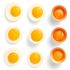 Broken chicken egg on white background, top view
