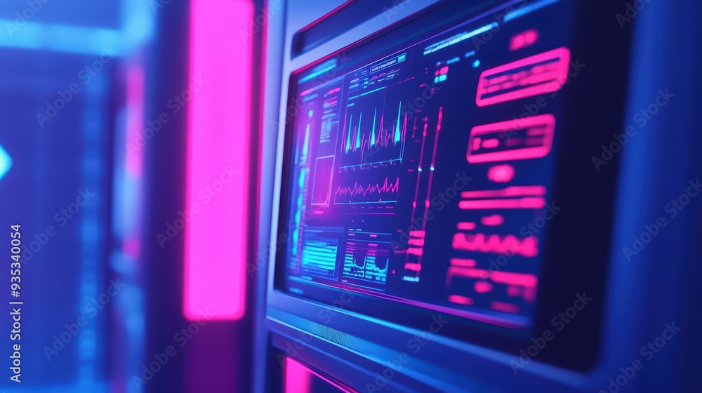Poster futuristic display with vibrant colors and data visualizations, showcasing technology and innovation