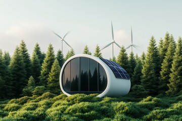 Futuristic eco-friendly house surrounded by lush greenery and wind turbines, showcasing sustainable living concepts.