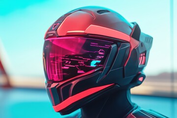 Fototapeta premium Futuristic helmet design with vibrant colors and advanced technology, ideal for sci-fi and gaming themes.