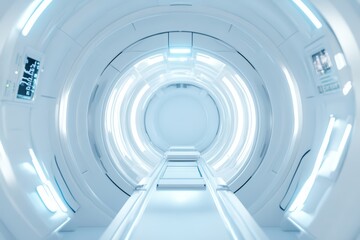 Fototapeta premium Futuristic interior of a sleek, illuminated corridor, featuring advanced technology and a clean, minimalist design.