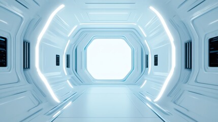 Obraz premium Futuristic interior of a spaceship corridor with sleek lines and bright lighting, ideal for sci-fi and technology themes.