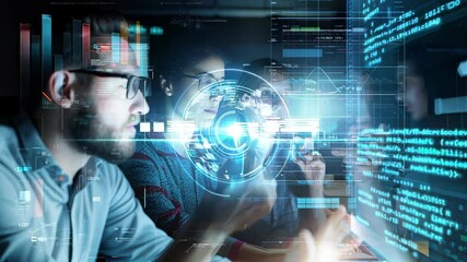 A focused professional analyzing data with futuristic technology and global visualization, representing innovation and digital transformation.