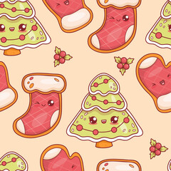 Seamless pattern with Christmas gingerbread tree with garland, stocking and mitten on beige background with holly. Funny traditional holiday cartoon kawaii character food. Vector illustration