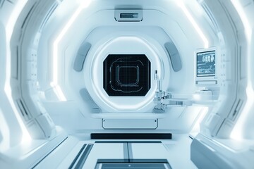 Fototapeta premium Futuristic, minimalistic interior of a spacecraft with glowing walls and advanced technology. Perfect for sci-fi themes.