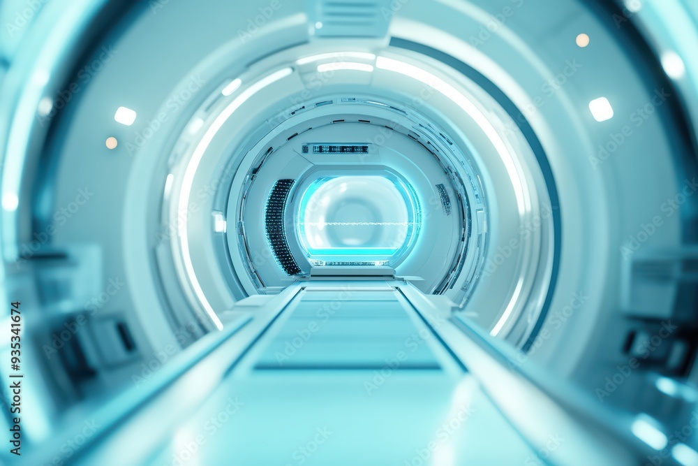 Poster futuristic tunnel with glowing lights and sleek design, creating a sci-fi atmosphere ideal for vario