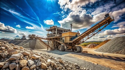 Fototapeta premium A large industrial stone crusher machine is shown at a quarry, surrounded by piles of gravel and rocks, under a blue sky with clouds.