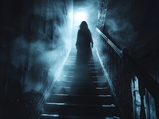 Ghostly Silhouette Ascending Dark Staircase Eerie Atmospheric Supernatural Thriller Concept