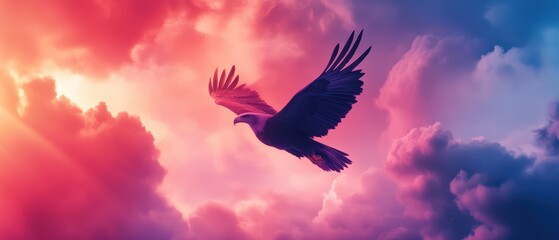 Fototapeta premium Majestic bird soaring through vibrant clouds at sunset, showcasing freedom and beauty in the natural sky.
