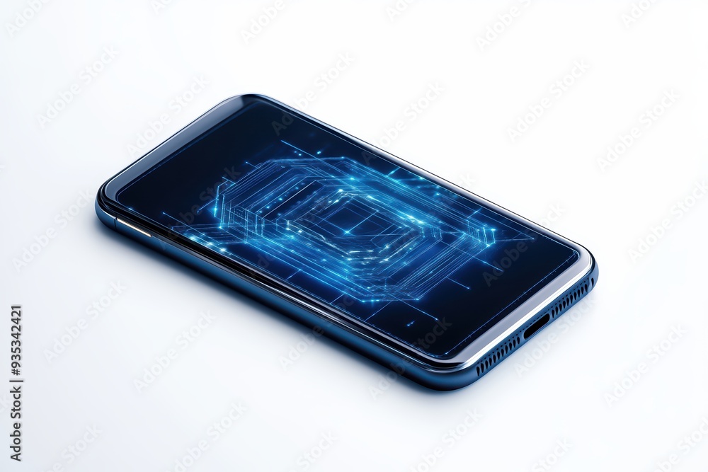 Poster modern smartphone displaying a glowing circuit design on its screen, symbolizing technology and inno