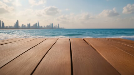 Fototapeta premium Serene seascape view with a wooden deck in the foreground, offering a tranquil escape by the ocean and skyline in the distance.