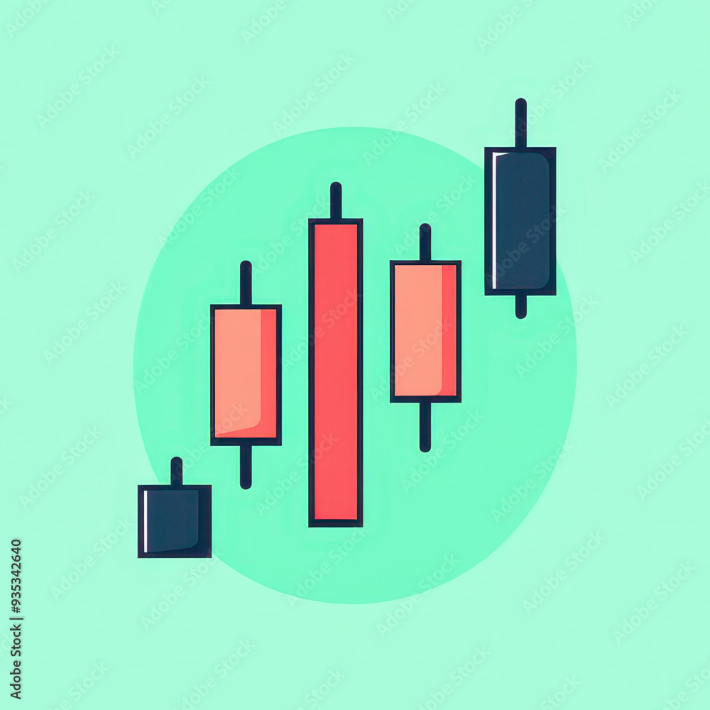 Poster clean and simple vector illustration of a candlestick stock market chart in green and red colors wit