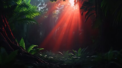 Fototapeta premium Sunlight pierces through the dense forest canopy, illuminating lush green foliage and creating a peaceful, enchanting atmosphere.