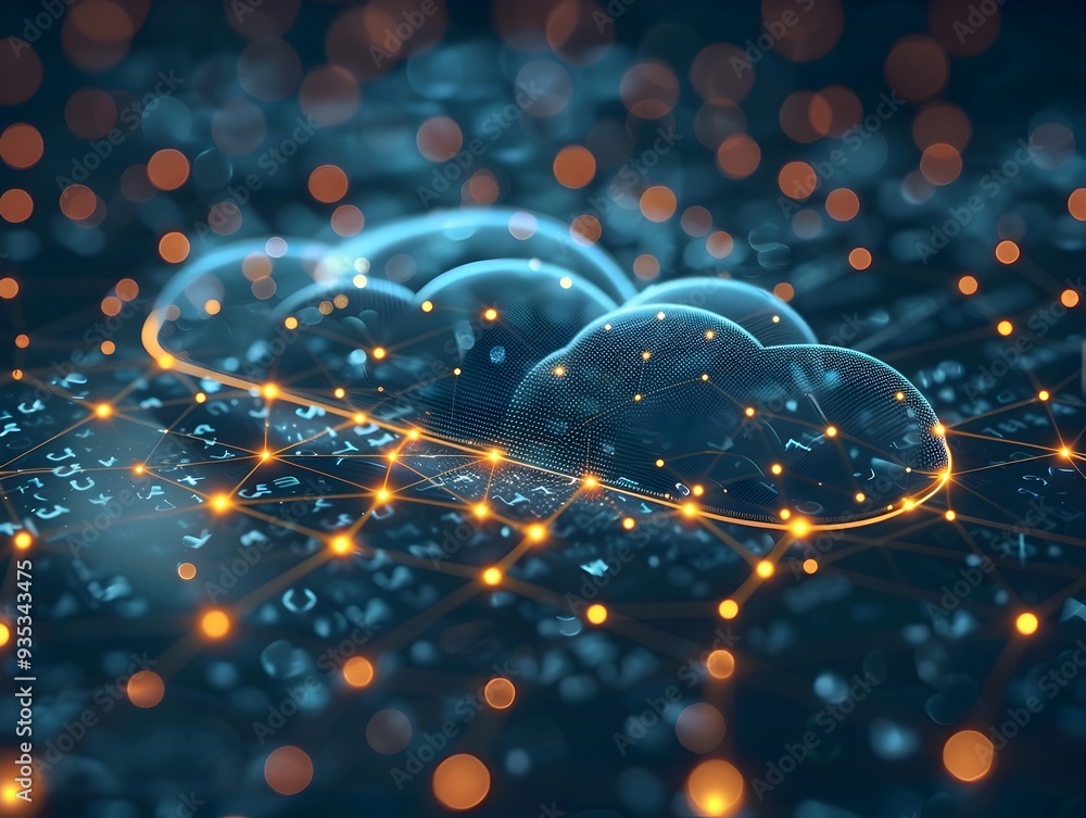 Poster glowing futuristic cloud computing network with intricate connections and nodes on dark background