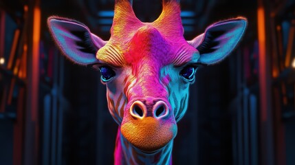 Vibrant and artistic close-up of a colorful giraffe, showcasing bold patterns and vivid colors in a unique digital style.