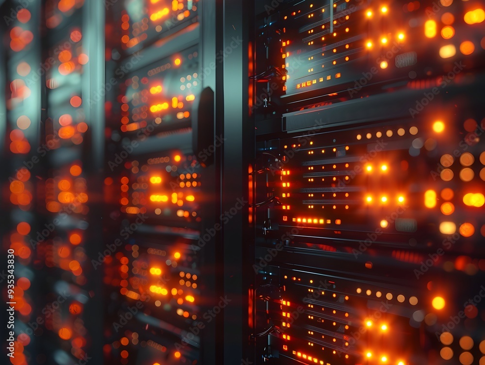 Poster sleek and efficient cloud server farm with intricate glowing racks and high tech architecture