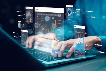 Working Data Analytics and Data Management Systems and Metrics connected to corporate strategy database for Finance, Intelligence, Business Analytics with Key Performance Indicators, social network
