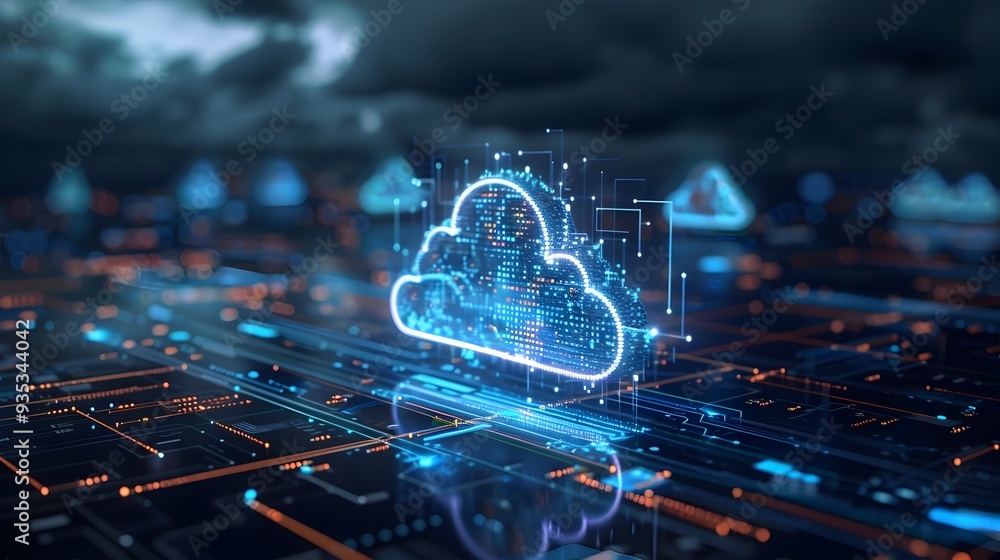 Poster futuristic cloud storage interface with floating digital icons on sleek dark background
