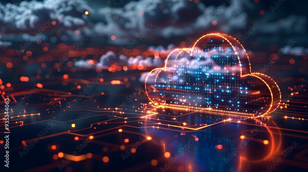 Poster sleek cloud storage interface with floating icons and innovative dark design for modern computing co