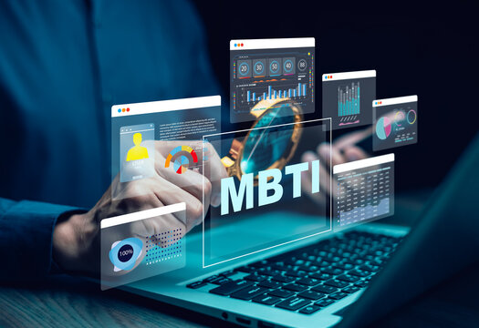 MBTI Myers-Briggs Type Indicator Personality use in Psychology, Businessman holding magnifying glass with MBTI icons around it. Psychological and personality test concept,
