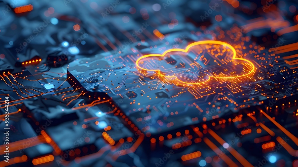 Aufkleber glowing cloud computing hub with intricate dark and sleek circuits and high tech design