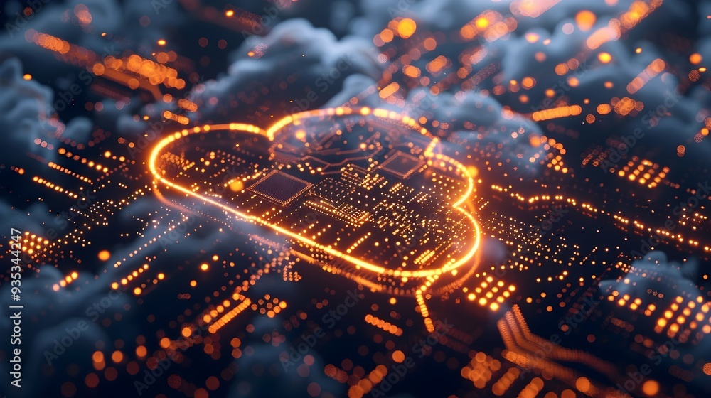 Aufkleber futuristic cloud computing hub with glowing circuits and sleek dark design