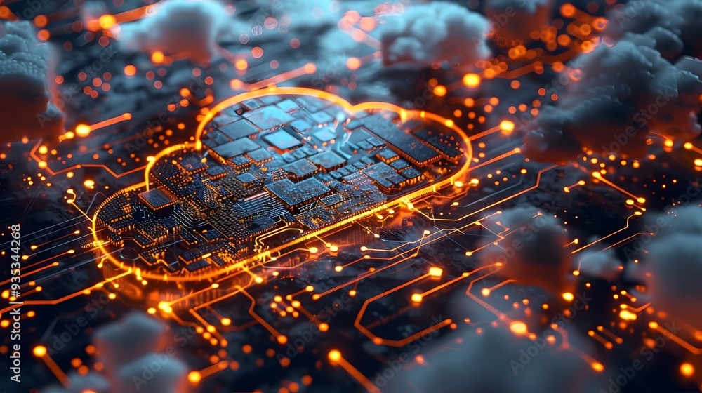 Aufkleber glowing circuits of a cloud computing hub with sleek dark design and intricate high tech details