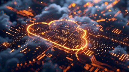 Futuristic Cloud Computing Hub with Glowing Circuits and Sleek Dark Design