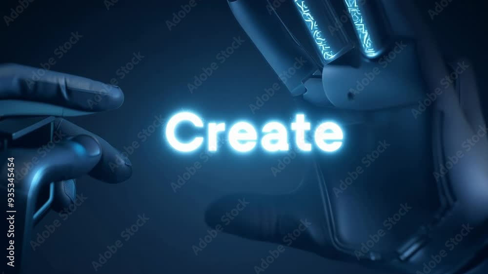 Poster robotic hands with glowing circuitry touch, revealing the word create in vibrant blue. this scene sy
